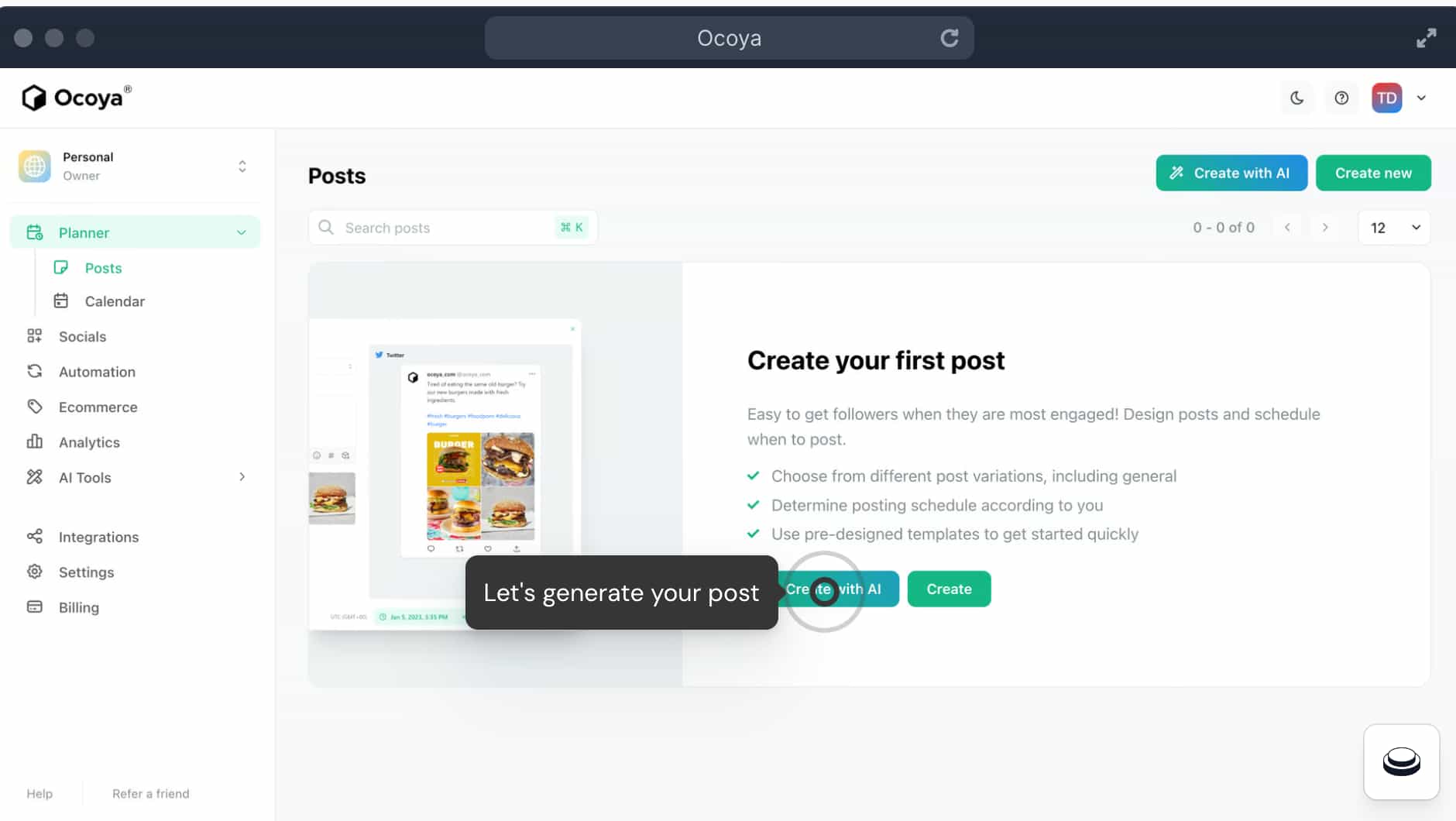ocoya window inviting you to "create your first post" and a cursor highlighting the button to "Create with AI".