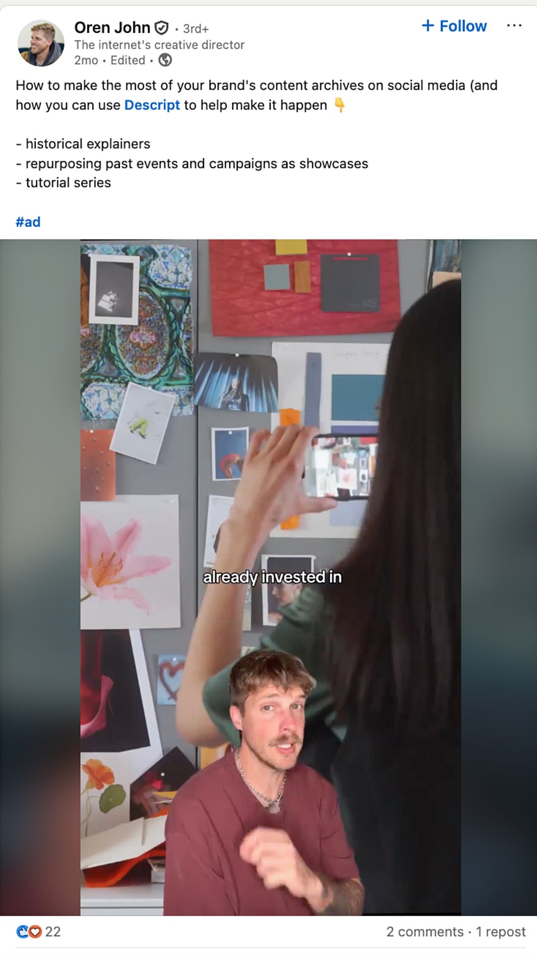 Influencer Oren John’s LinkedIn video features a new editing tool that Descript launched. 