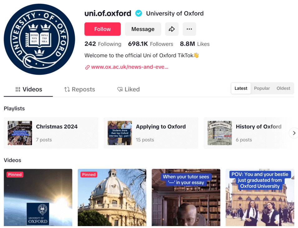 Oxford University's TikTok page.