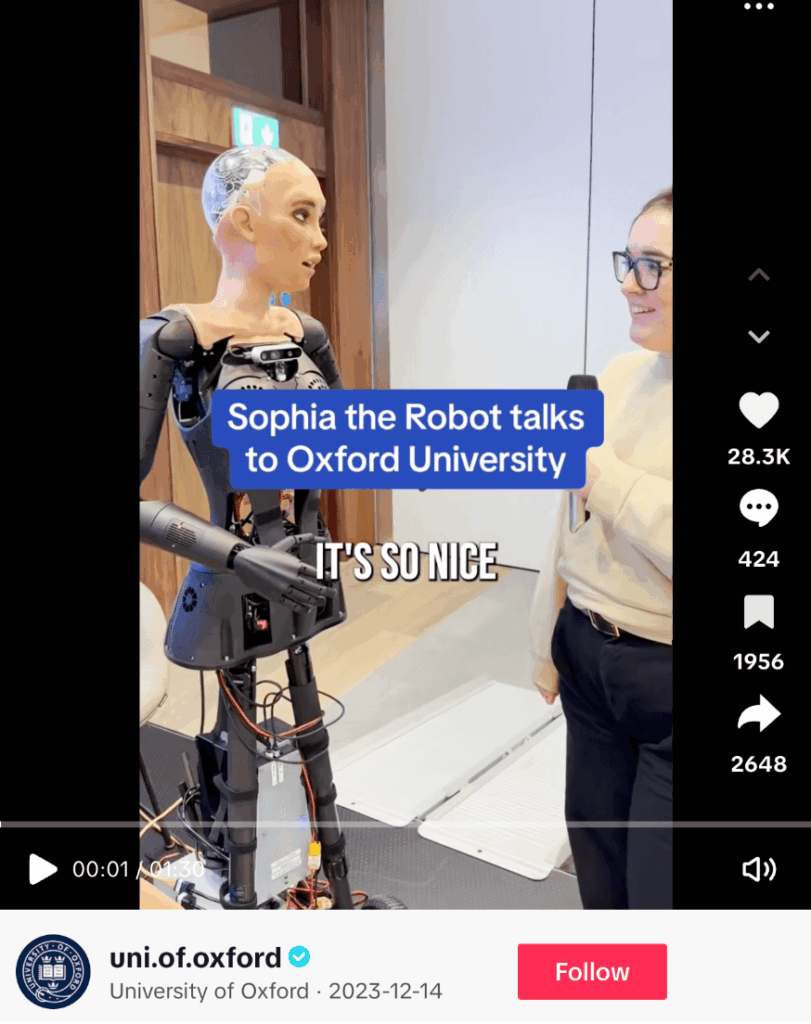 TikTok post from Oxford University showing an AI robot having a conversation with Oxford students.