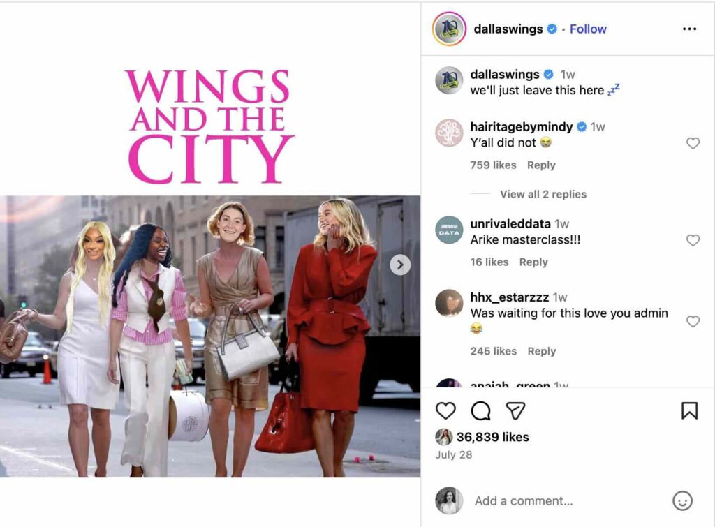 A "photo dump" Carousel from the Dallas Wings, including an image of players' faces roughly photoshopped over the cast of Sex and the City