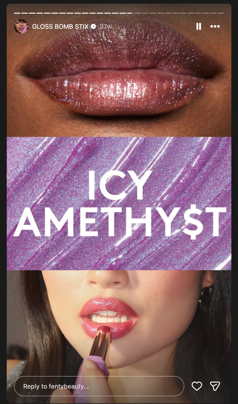 collage of 3 photos with 2 photos showing women wearing a shade of lip gloss from Fenty Beauty and a photo in the middle showing the product texture with the text "Icy Amethyst"