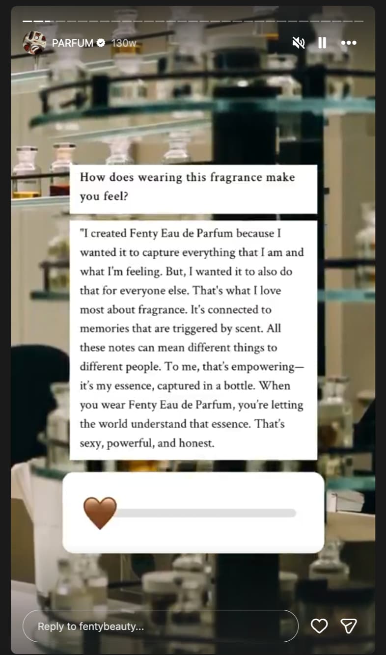 Instagram Story from Fenty Beauty showing a screenshot of a magazine interview against a backdrop of a video showing the brand's perfumes on a shelf