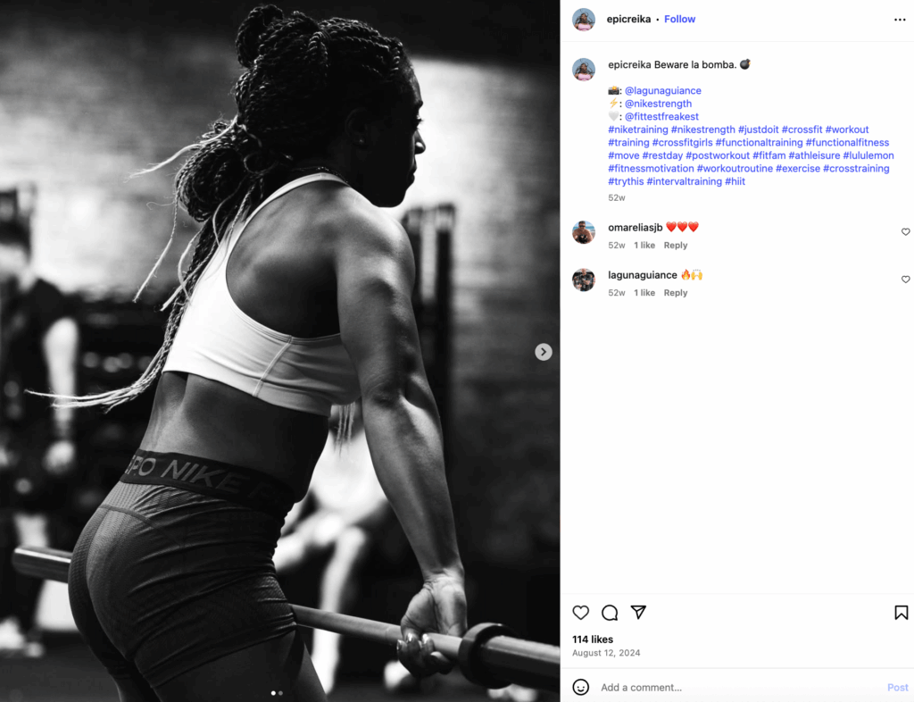Instagram post by nanoinfluencer EpicRieka who collaborated with Nike on their Women's Icon Clash collection.