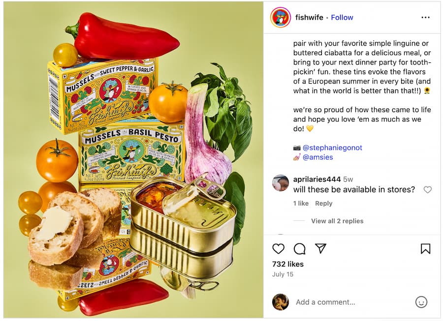 An Instagram post from Fishwife promoting their new tinned mussels, featuring credits for the photographer and food stylist.