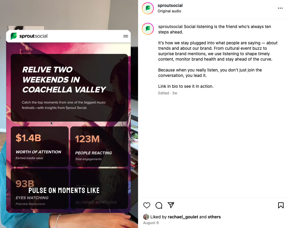 A Sprout Social Instagram post showcasing our Coachella trends social listening landing page