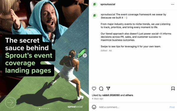 A carousel of Sprout Social's approach to building event-based landing pages with Listening data