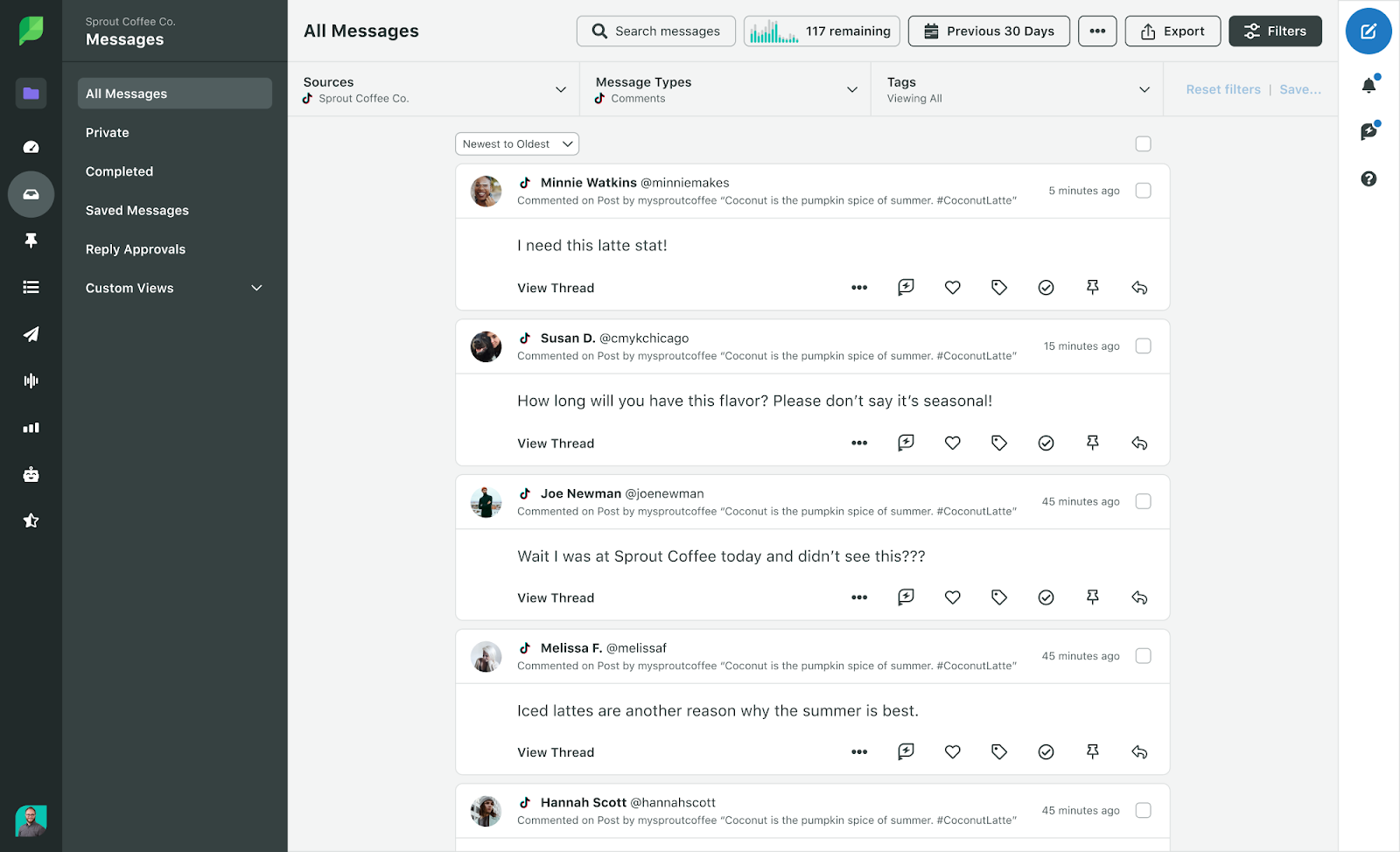 TikTok messages in Sprout Social Smart Inbox