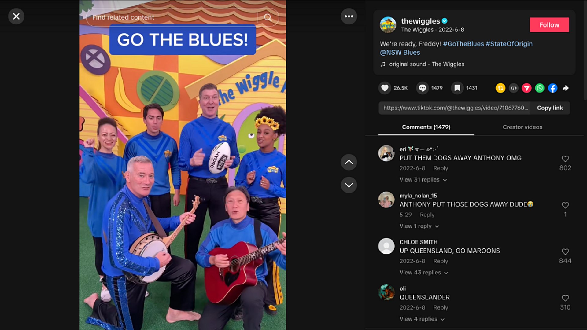 Kids' TV show The Wiggles shares a TikTok in support of the NSW Blues rugby team ahead of State of Origin. 