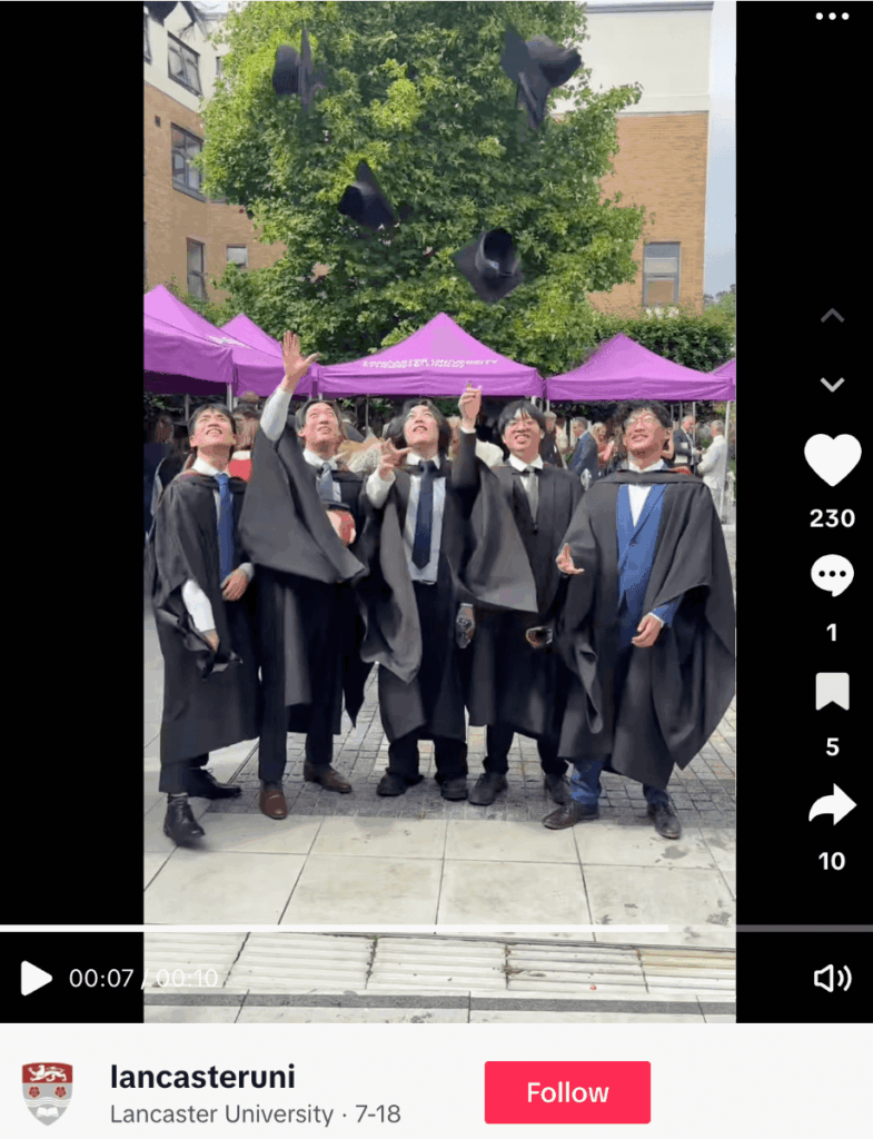 Tiktok post from the University of Lancaster, where they give a shout out to the graduating class of 2025, along with uni hashtags such as #gradcaster, #graduation2025 and #unistudents.