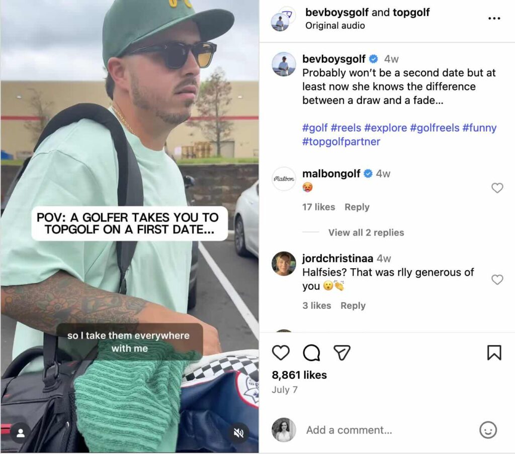 A creator-led Instagram Reel comedy skit posted on the Top Golf channel, where a golfer takes his date to Top Golf