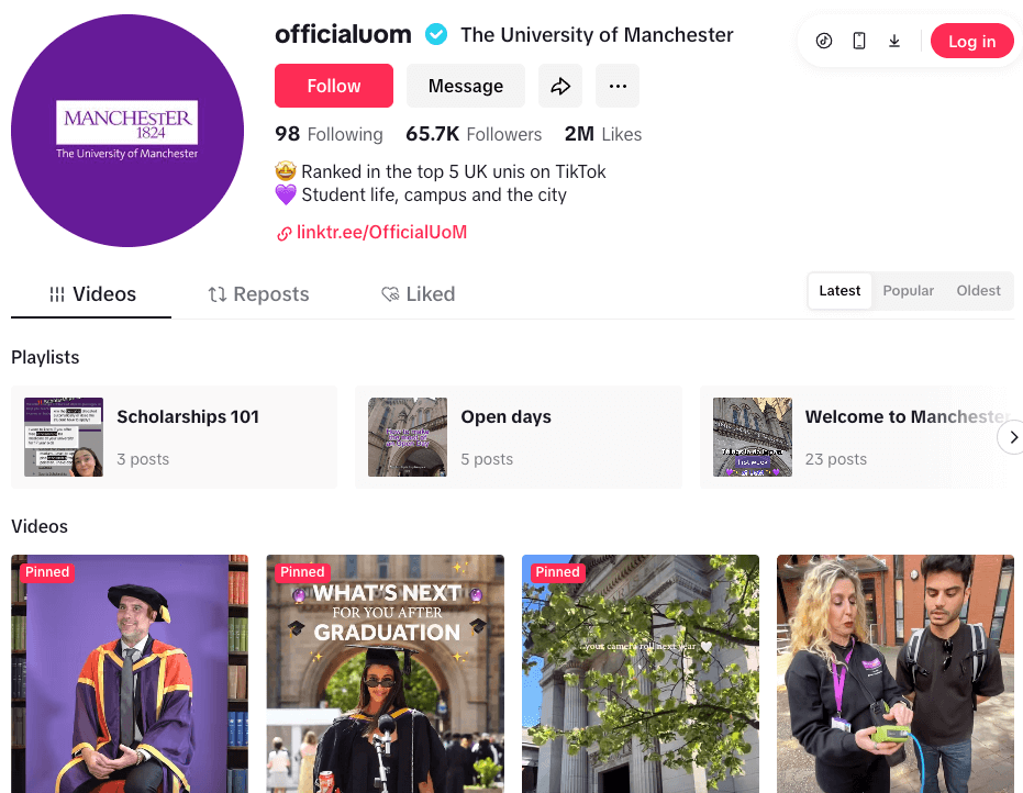 TikTok profile for University of Manchester
