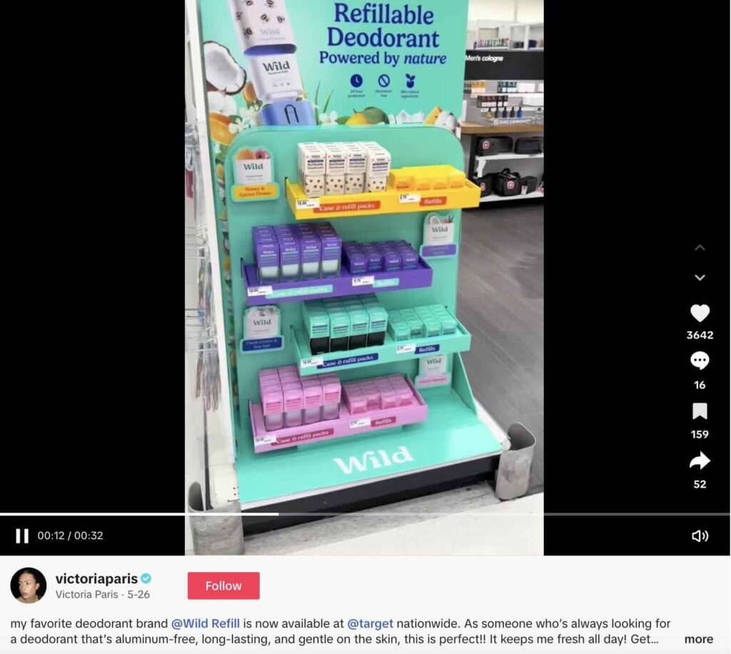 A TikTok video from creator Victoria Paris about Wild's deodorant now available at Target