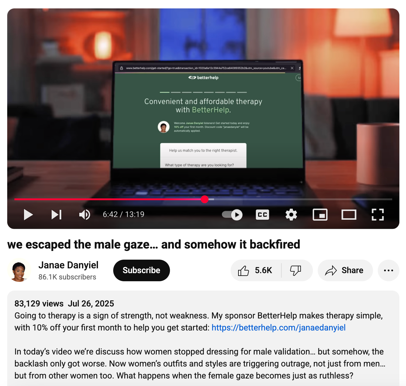 YouTube micro-influencer marketing campaign between BetterHelp and Janae Danyiel