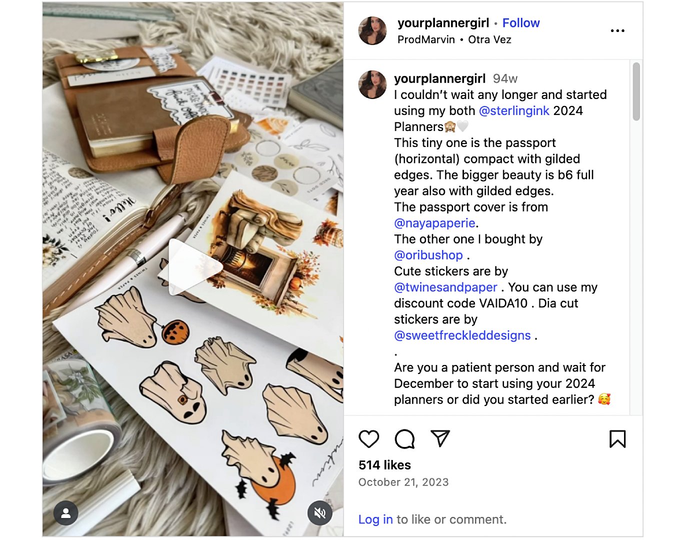 YourPlannerGirl’s Instagram post features 2024 planners from Sterling Ink.