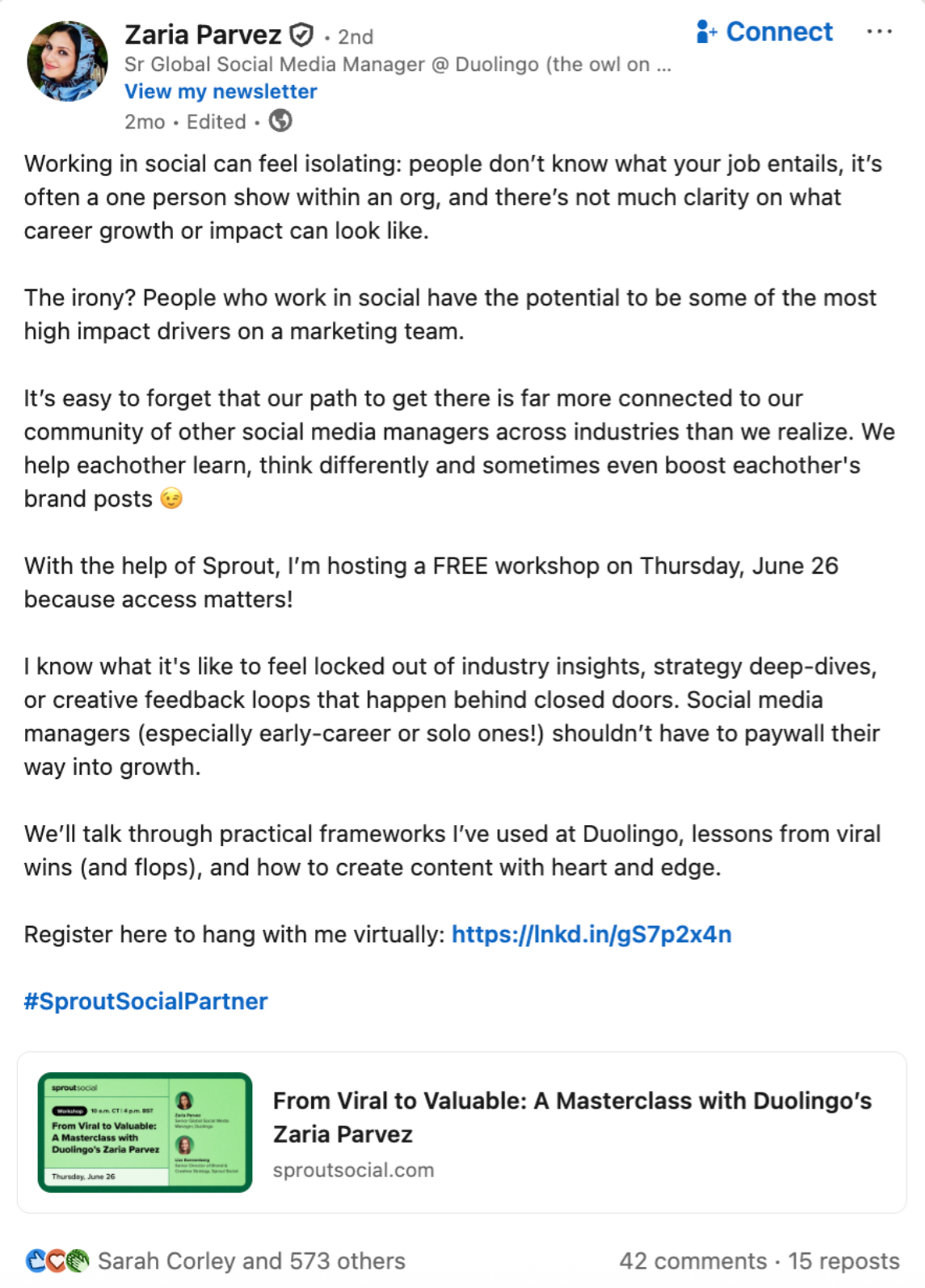 A LinkedIn post from Zaria Parvez promoting her participation in an upcoming Sprout Social webinar. 