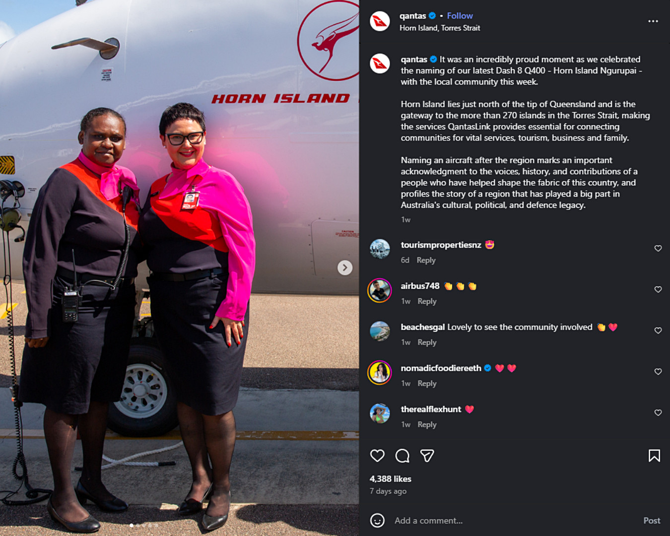 Qantas honoured Australia’s First Peoples by naming an aircraft after Horn Island, which showed pride and cultural respect in a single, shareable moment.