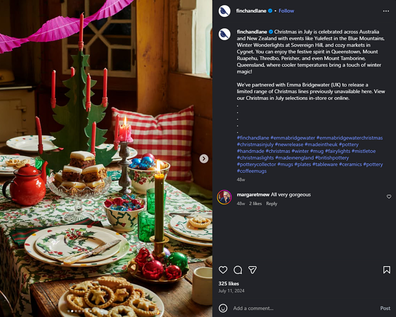 Finch and Lane leaned into Christmas in July with limited-edition wares that brought cosy charm and seasonal fun to its feed.