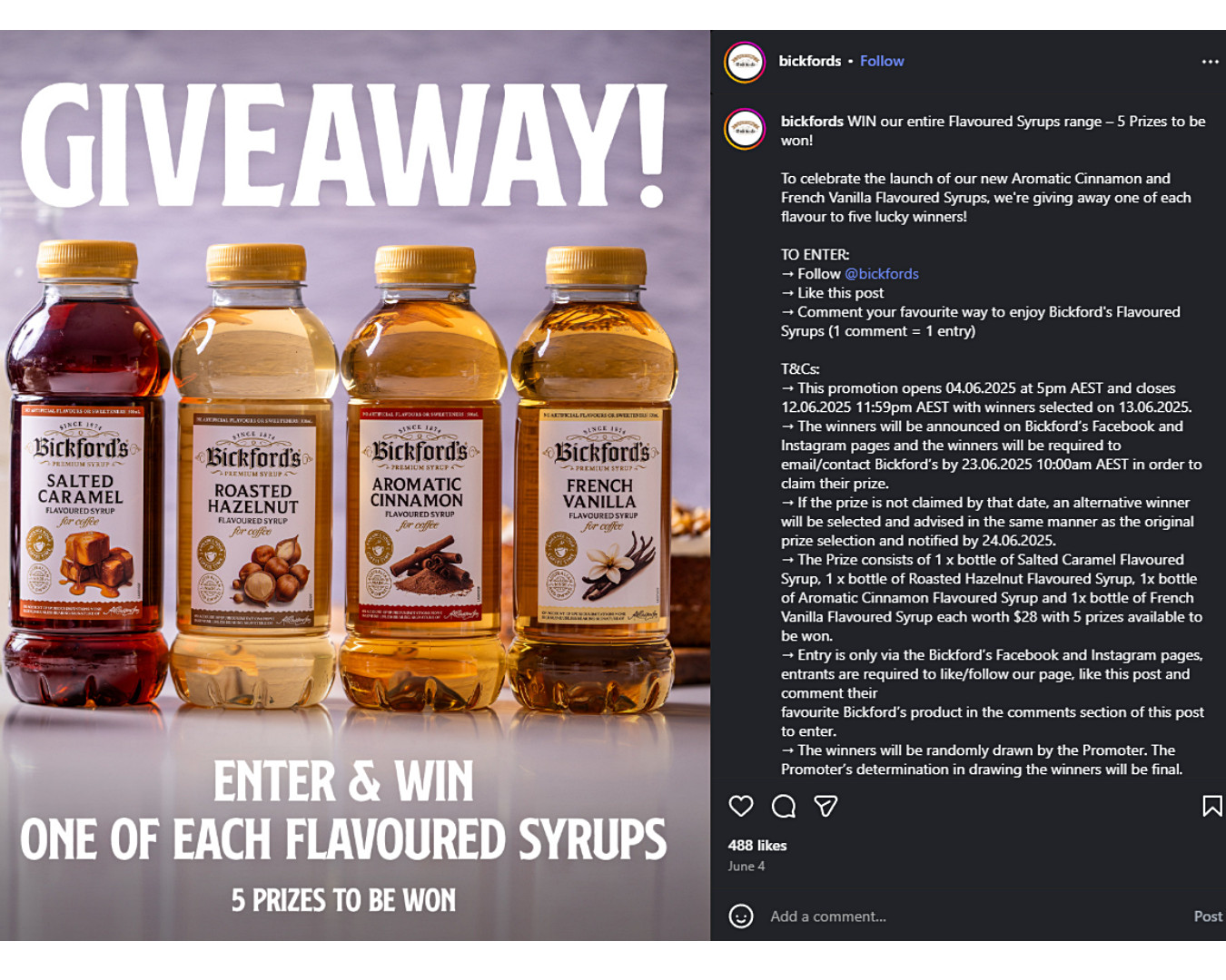 Bickford’s turned engagement up a notch with a giveaway that featured its flavoured syrups.