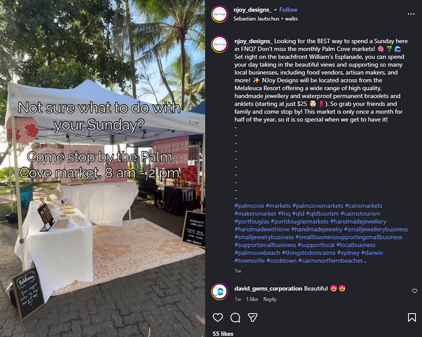 NJoy Designs invited followers behind the scenes with a live look at its Palm Cove market setup in FNQ.