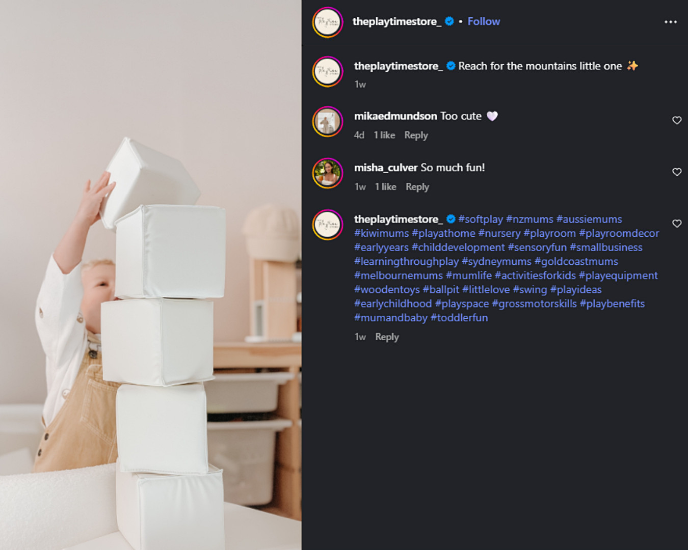 The Playtime Store tapped into parent pride with hashtags like #melbournemums and #kiwimums, which made it easy for local families to find and follow its page.
