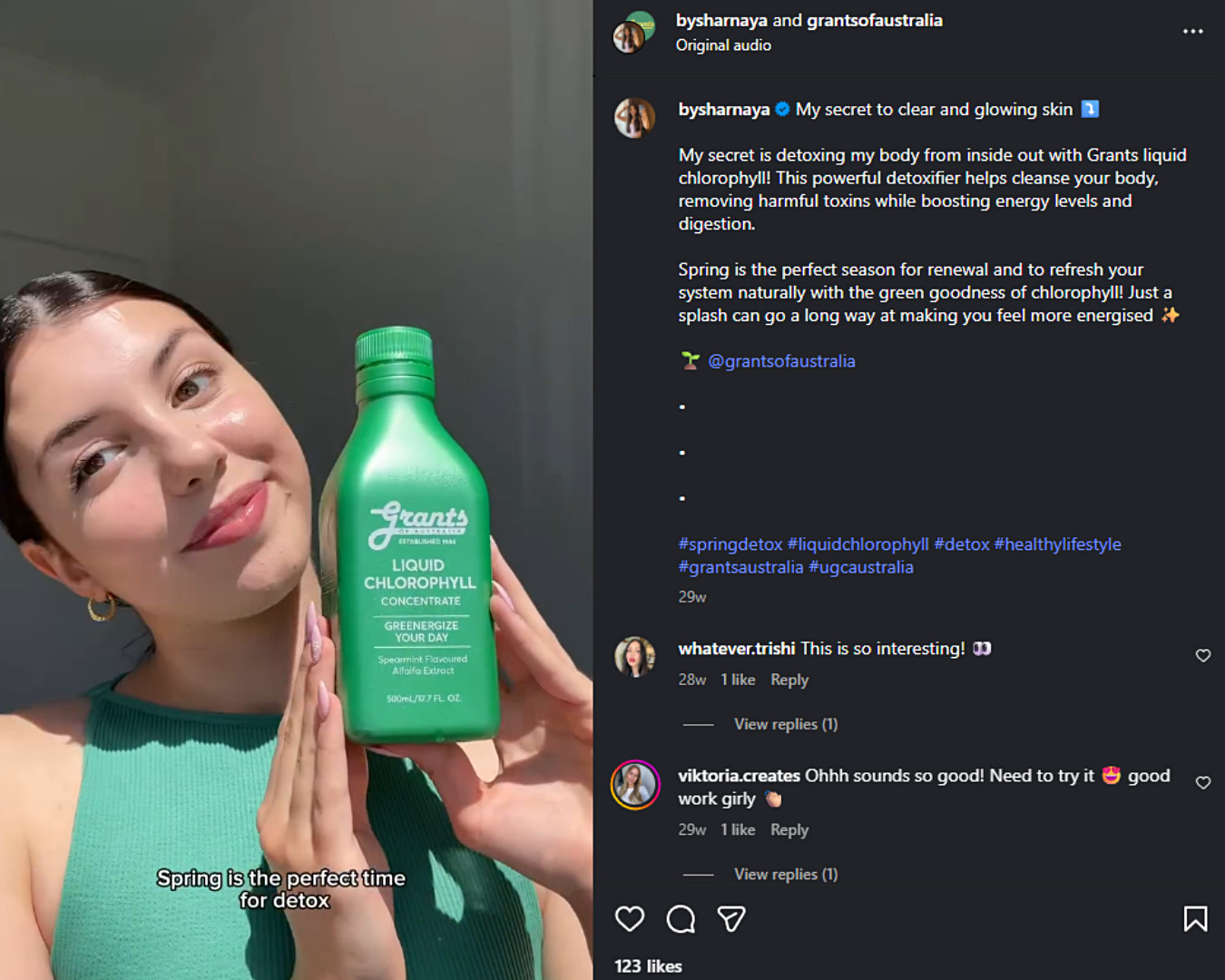Grants of Australia boosted its authenticity by sharing a UGC Reel that featured its Liquid Chlorophyll.