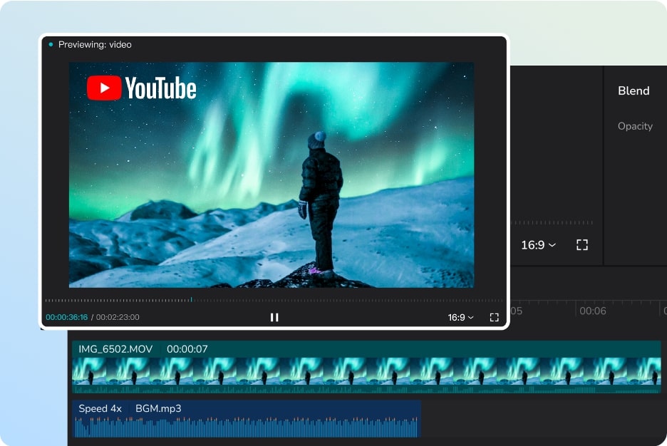 Capcut editing window previewing a YouTube video of a person in a snowsuit looking at the Northern Lights in a snowy terrain