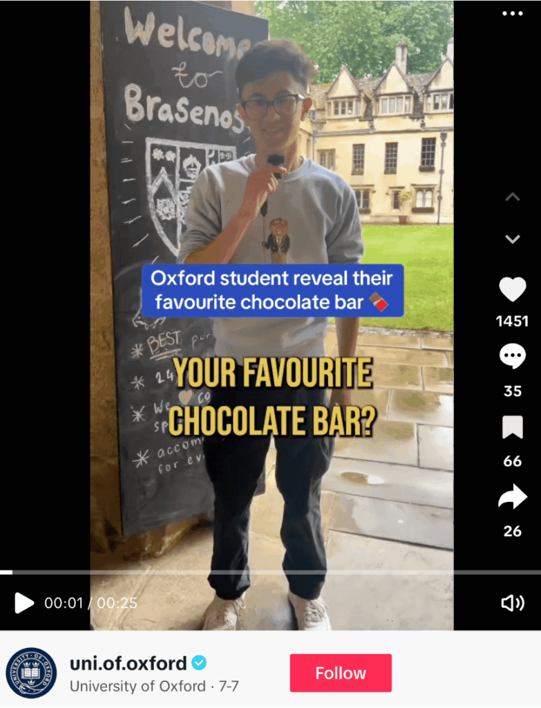 TikTok post from Oxford university where students share their favourite chocolate bar.