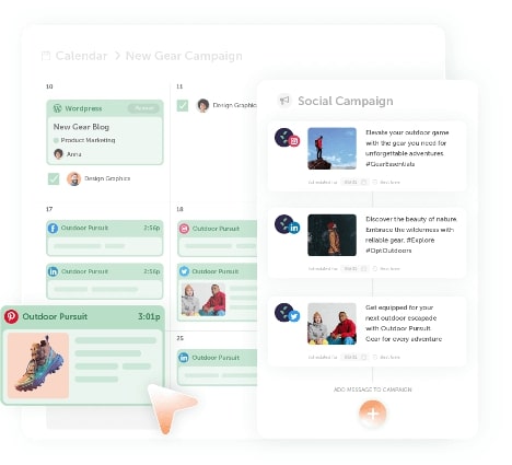 coschedule calendar with an expanded view of a "Social Campaign" and a few content cards below