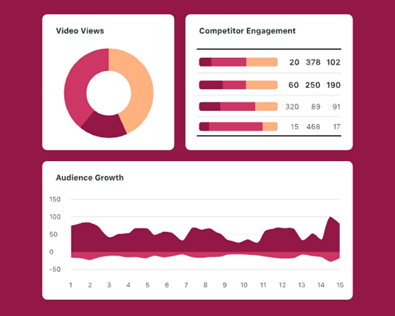 This graphic depicts social media analytics like video views, competitor engagement and audience growth.