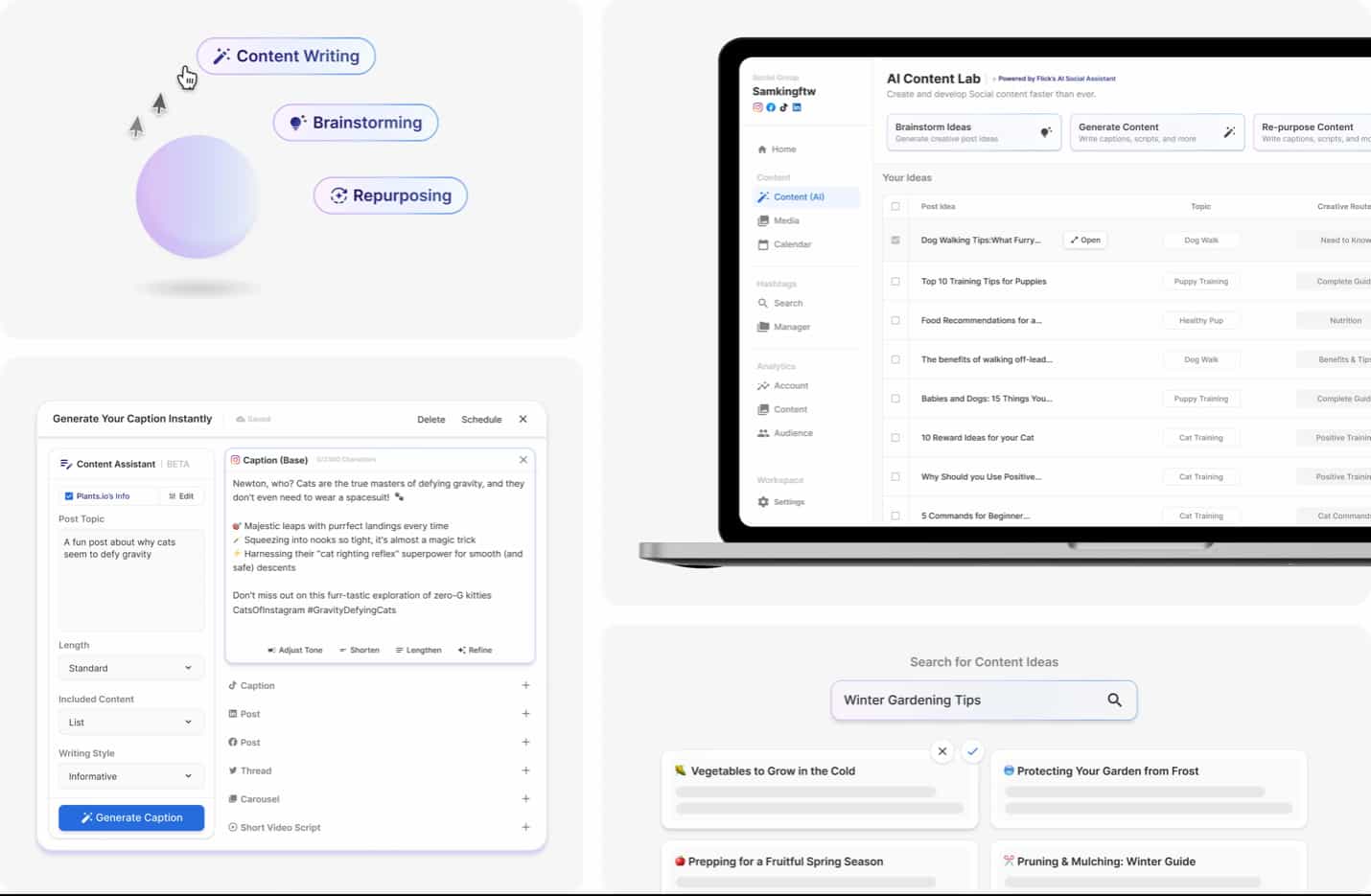 Flick AI content lab preview with a window to add a prompt and window to search for content ideas