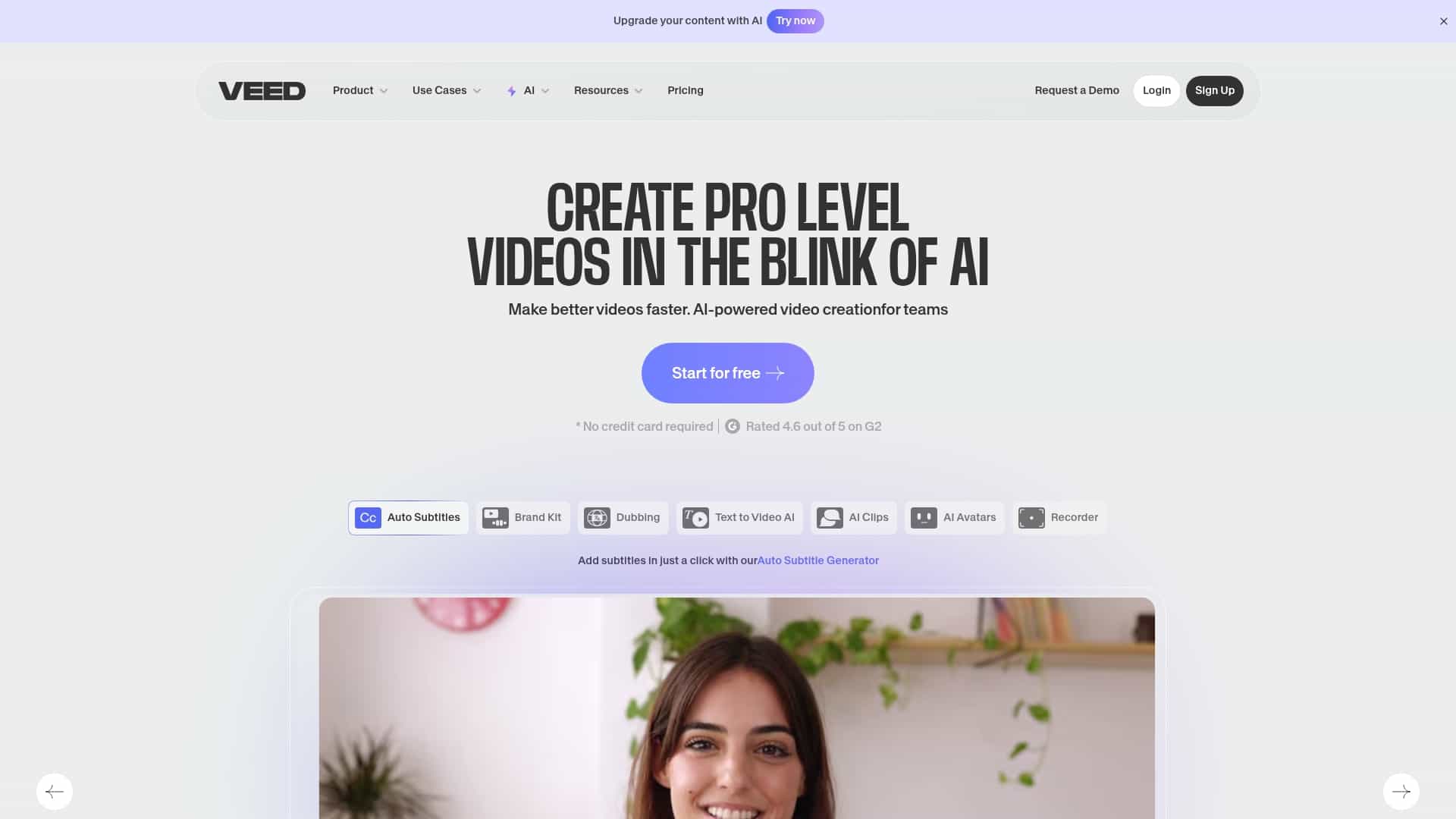 Veed.io video editing homepage with AI features highlighted