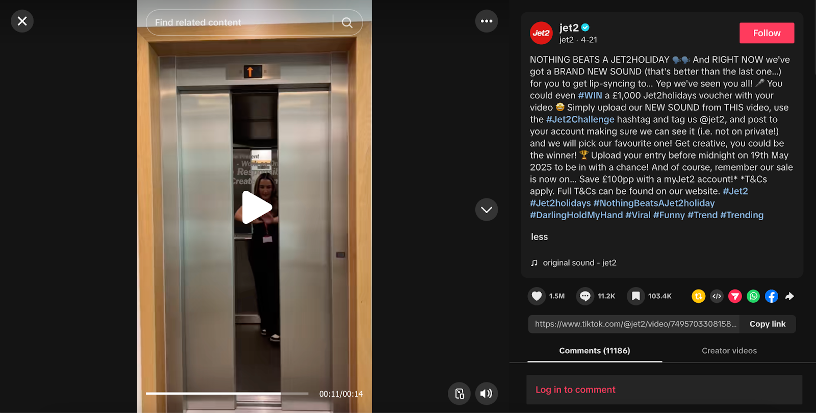 A TikTok video from jet2 incorporating their “Nothing beats a Jet2 holiday” to promote a giveaway