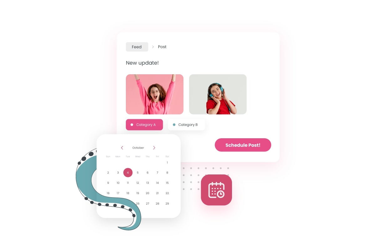 MeetEdgar dashboard showing two separate images of smiling women and an expanded calendar below to schedule a post