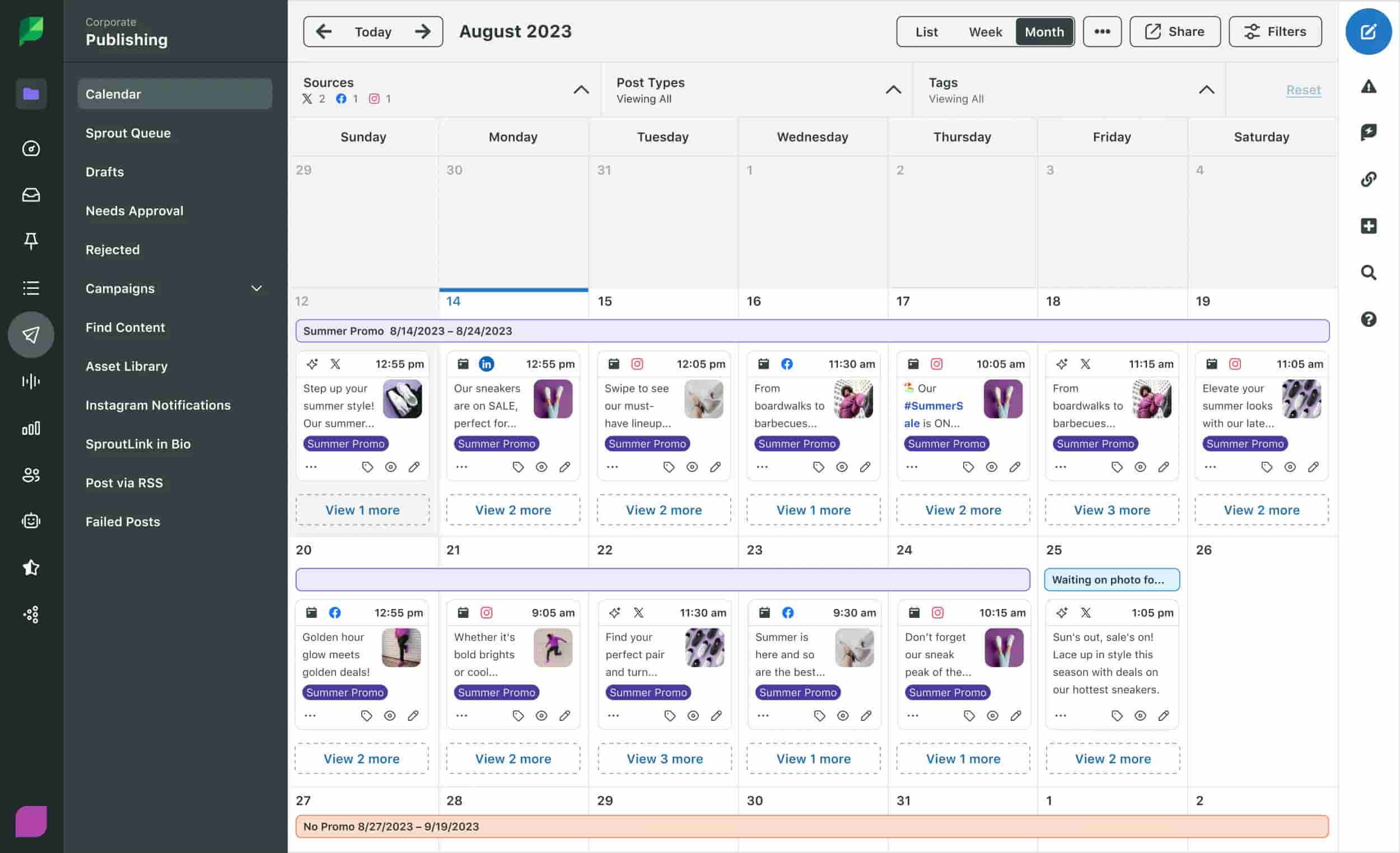 Sprout Social publishing calendar monthly view showing content cards for different days of the month