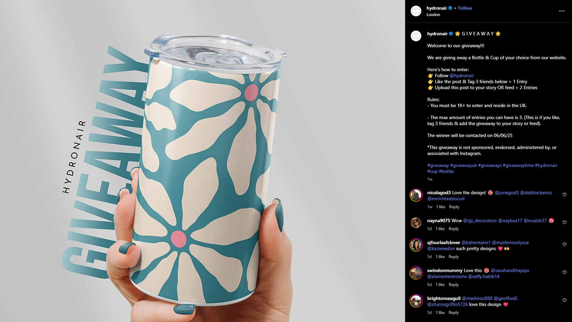 Hydronair let its giveaway winner choose their favorite bottle and cup design.