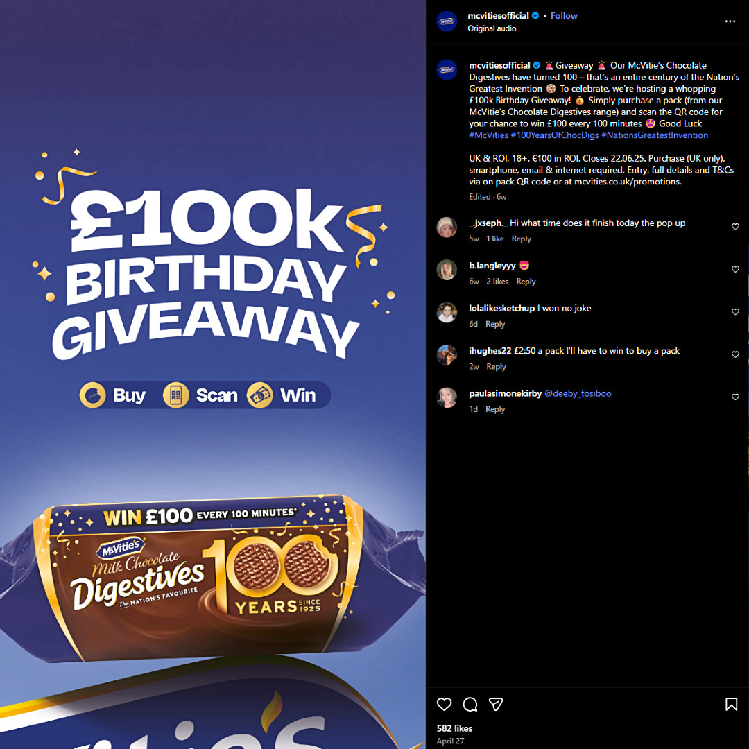 McVitie’s celebrated the 100th birthday of its Chocolate Digestives by giving away £100 every 100 minutes.