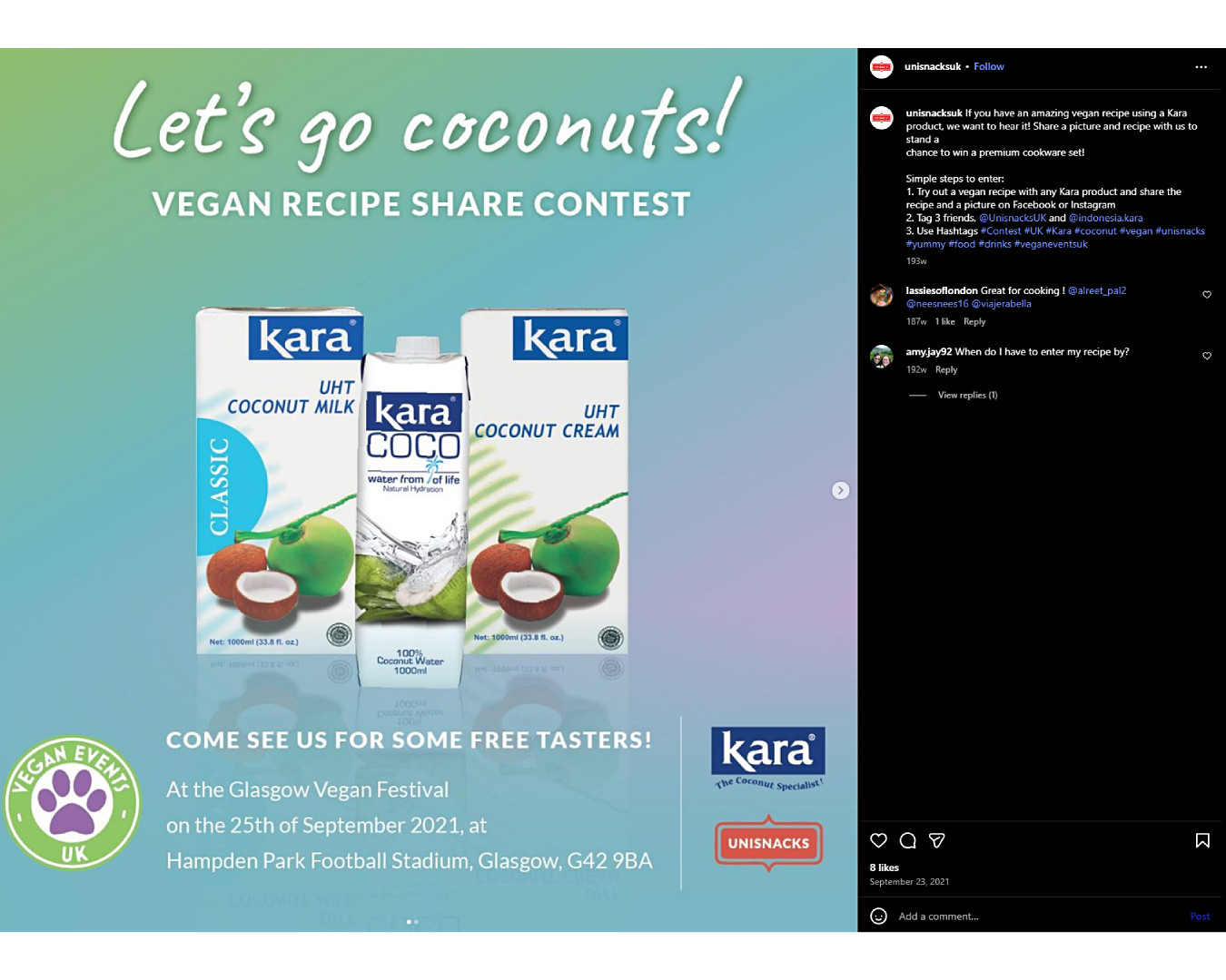 Unisnacks UK partnered with Kara to sponsor a contest where participants had to share a vegan recipe that used a Kara product.
