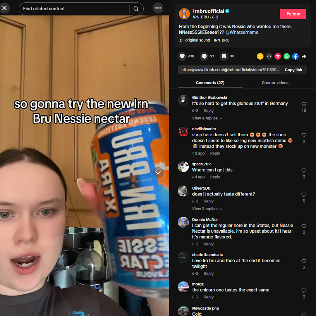 A fan reacts to IRN-BRU’s Nessie Nectar flavour on video, offering useful sentiment insight for the brand.