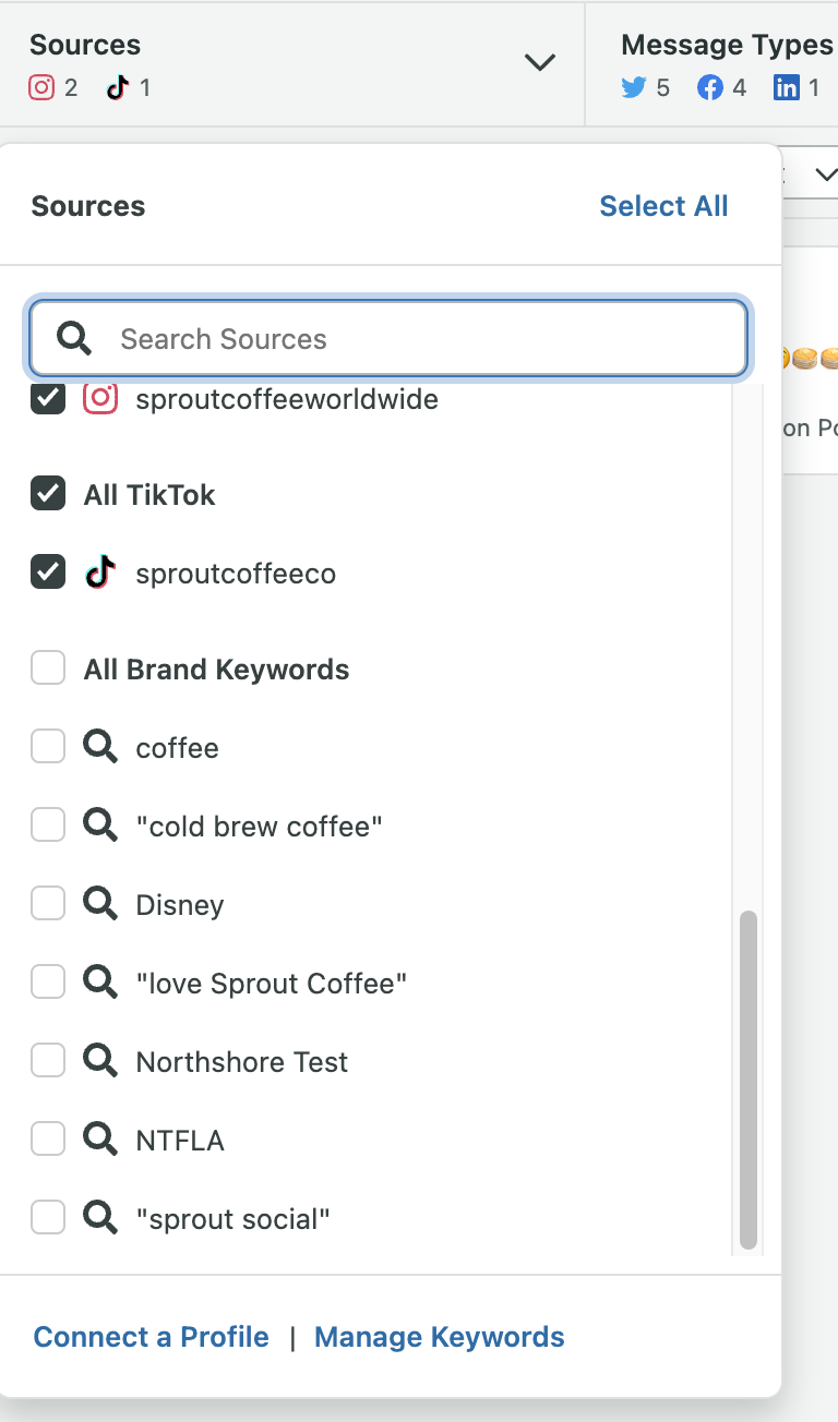 Sources dropdown in Sprout Social Smart Inbox