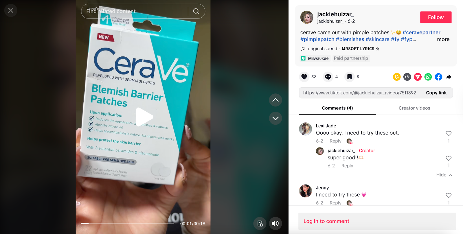 A TikTok nanoinfluencer marketing campaign between CeraVe and @jackiehuizar_