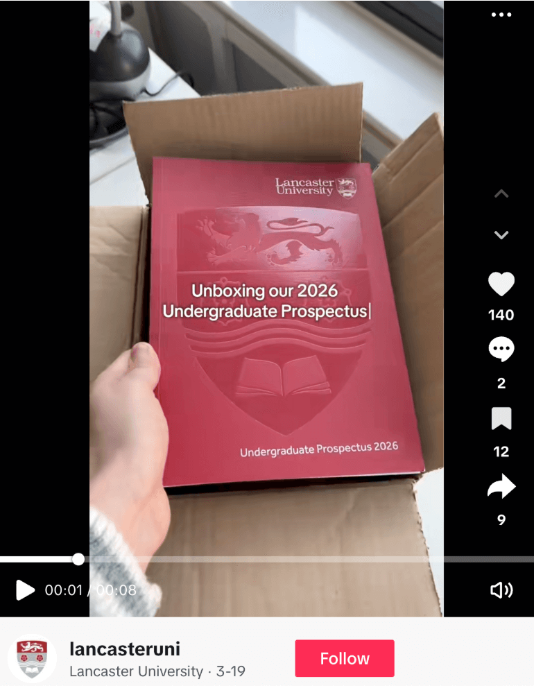 TikTok video from Lancaster uni following the popular unboxing trend for their 2026 Prospectus. The video has popular music, subtitles and relevant hashtags, all for discoverability.