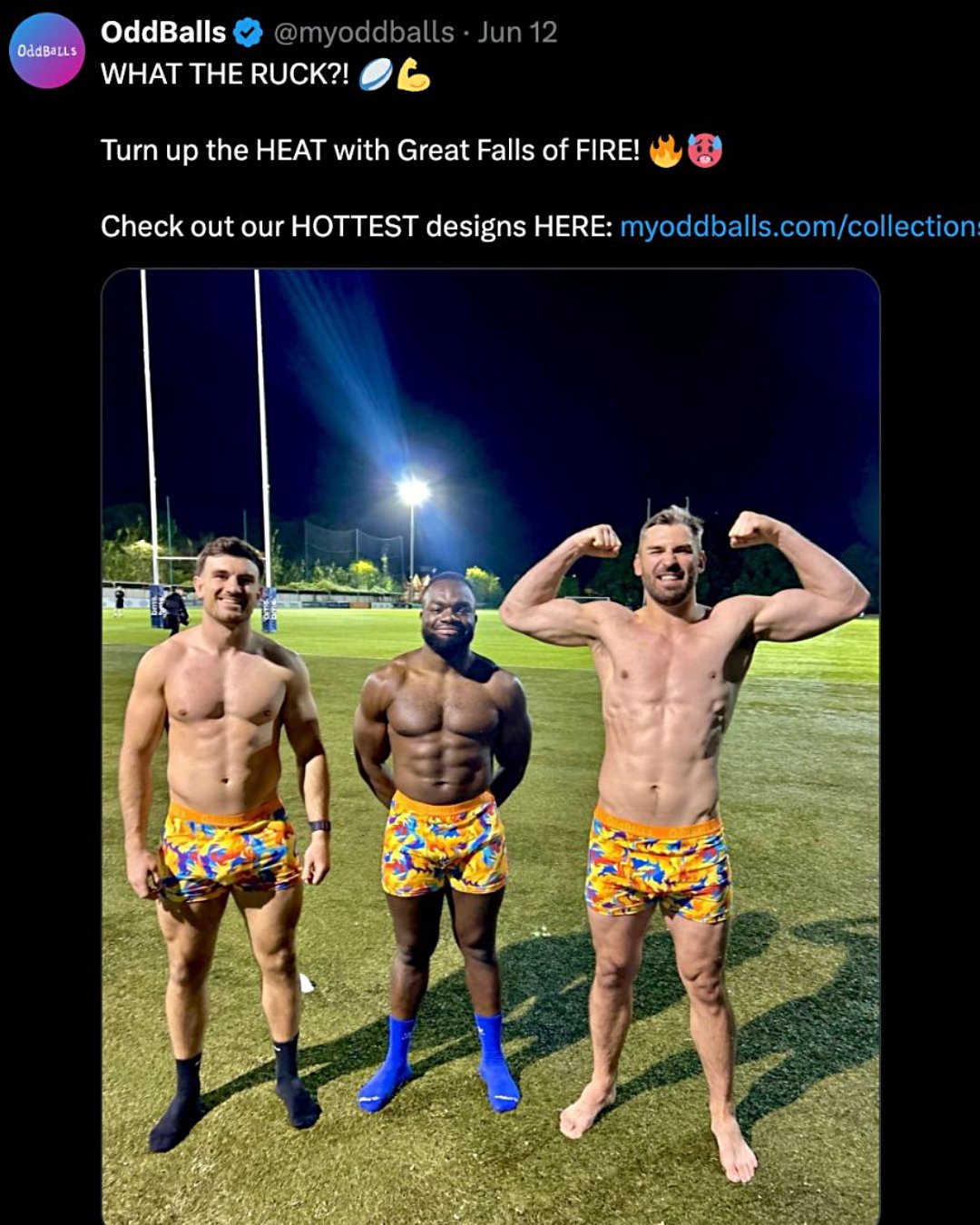 A promotional X post featuring three men on a rugby field wearing underwear.