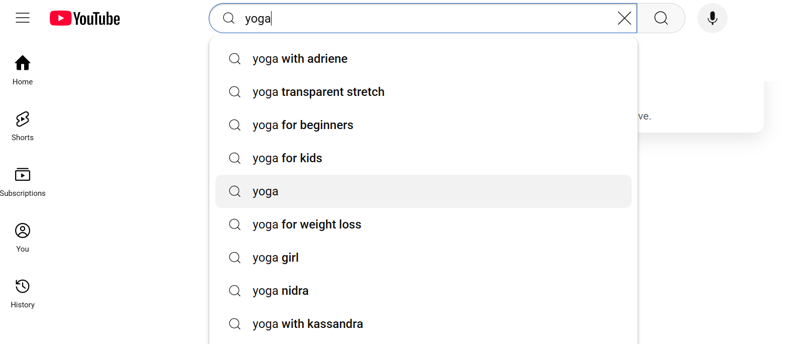 A search on YouTube for content about yoga. 