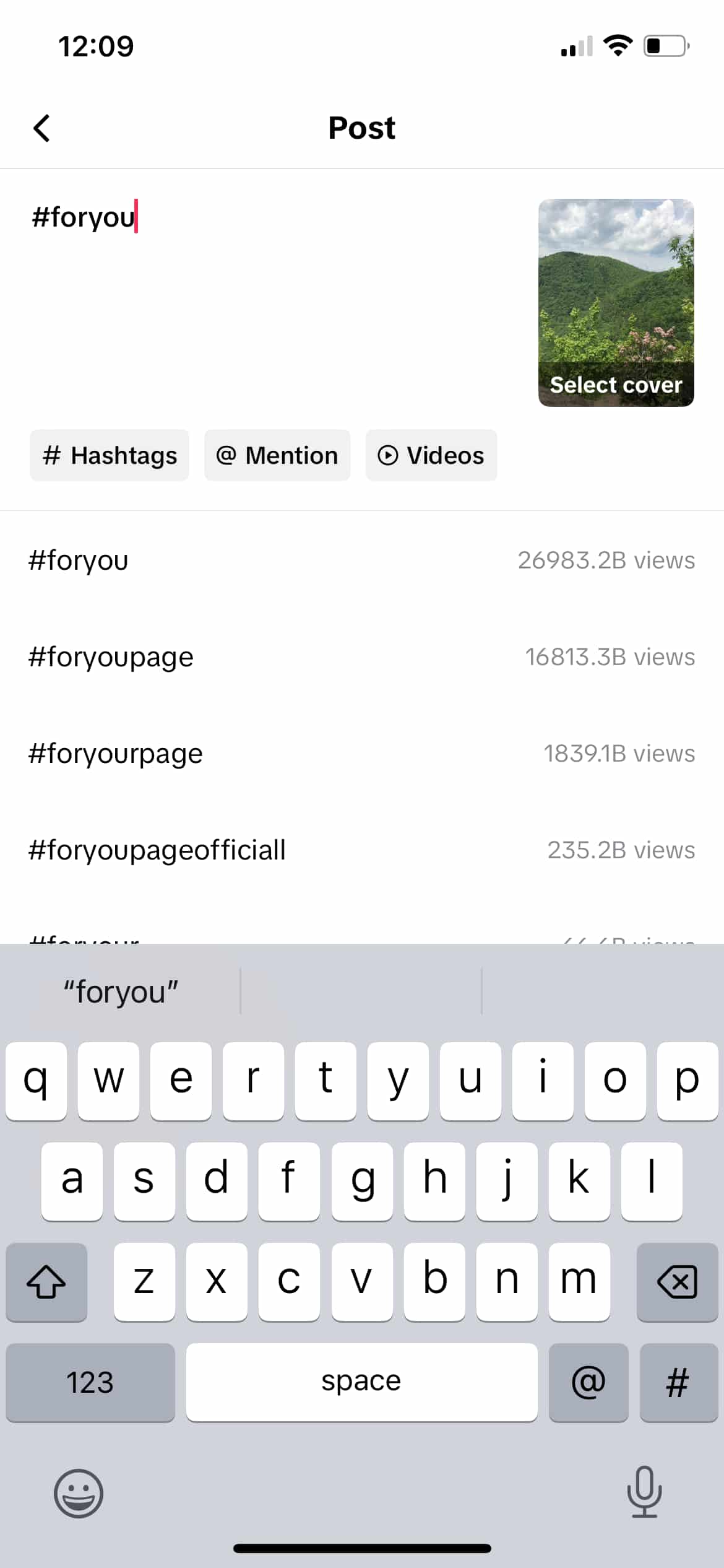 TikTok compose window with the #foryou hashtag typed into the caption