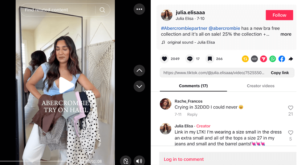 A TikTok post from a creator promoting Abercrombie & Fitch The brand uses creators who use the hashtag #abercrombiepartner for UGC and catalyze engagement.