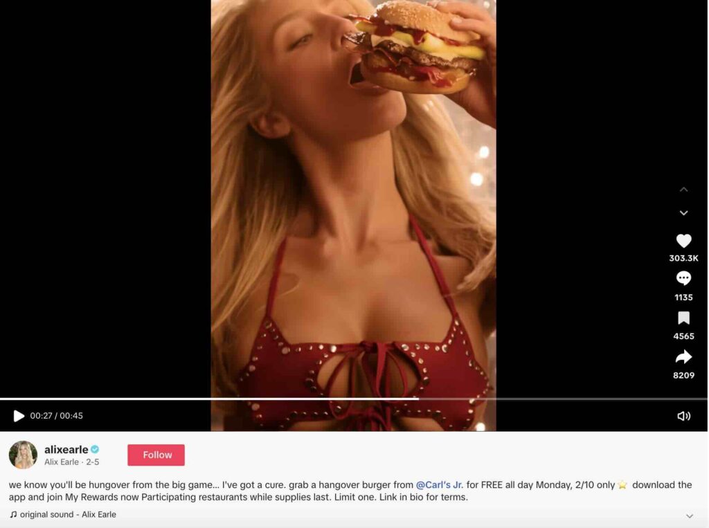 A TikTok video that's part of Carl's Jr Super Bowl campaign with Alix Earle