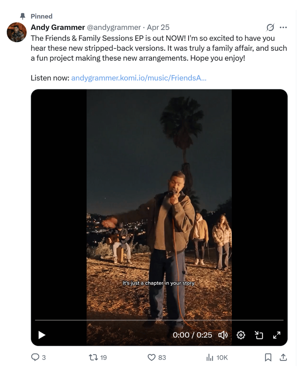 A screenshot shows a social media post by Andy Grammer promoting his new album 