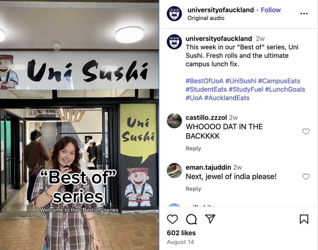 An Instagram Reel from the University of Auckland from their "Best of" series about a sushi place on campus