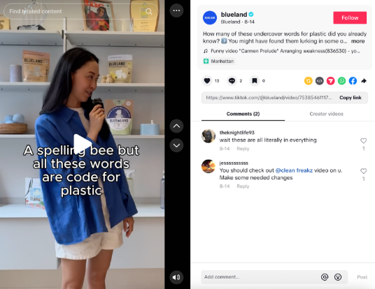 Blueland TikTok video of co-founder Sarah Paiji Yoo hosting a “spelling bee” for words that mean plastic.